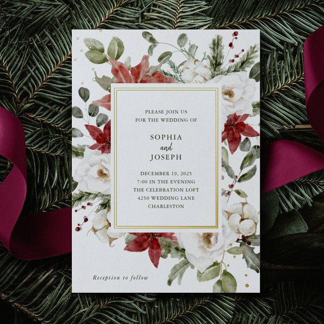Elegant Bouquet | Weihnachtsfeiertag Hochzeit Gold Folieneinladung (A beautiful, elegant Christmas wedding invitation with shimmering gold foil accents)
