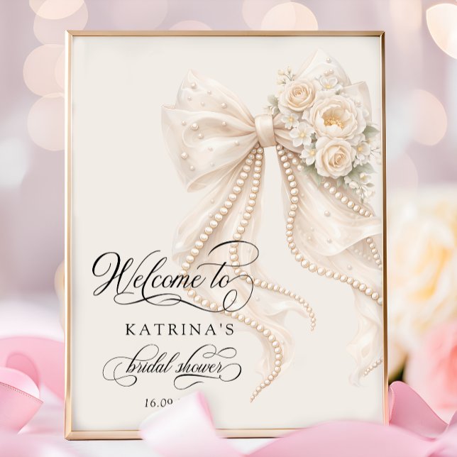 Elegant Bow and Pearl Bridal Shower Welcome Poster (Von Creator hochgeladen)