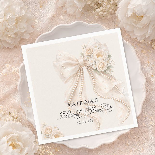 Elegant Bow and Pearl Pastel Bridal Shower Serviette (Von Creator hochgeladen)