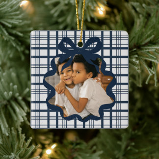 Elegant Bow and Plaid Personalized Photo Christmas Keramikornament