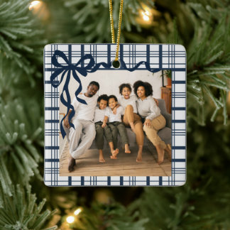 Elegant Bow and Plaid Personalized Photo Christmas Keramikornament