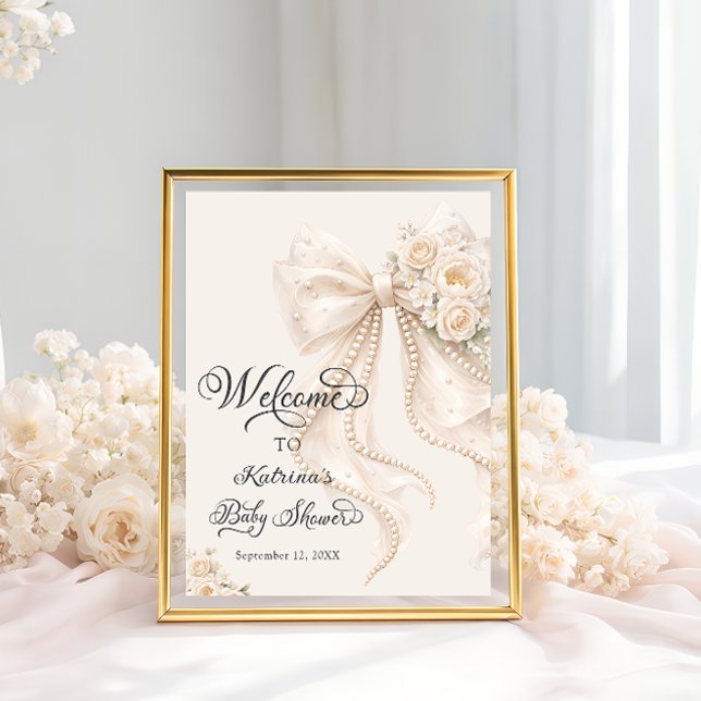 Elegant Bow Floral Girl Baby Shower Welcome Poster (Von Creator hochgeladen)