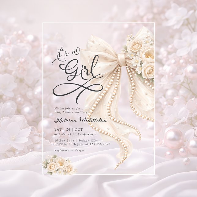 Elegant Bow Floral It's a Girl Baby Shower Acryleinladungen (Von Creator hochgeladen)