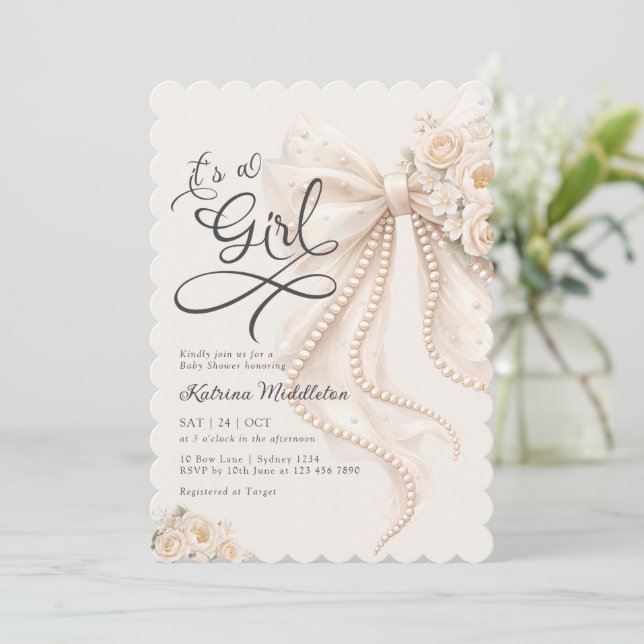 Elegant Bow Floral It's a Girl Baby Shower Einladung (Stehend Vorderseite)