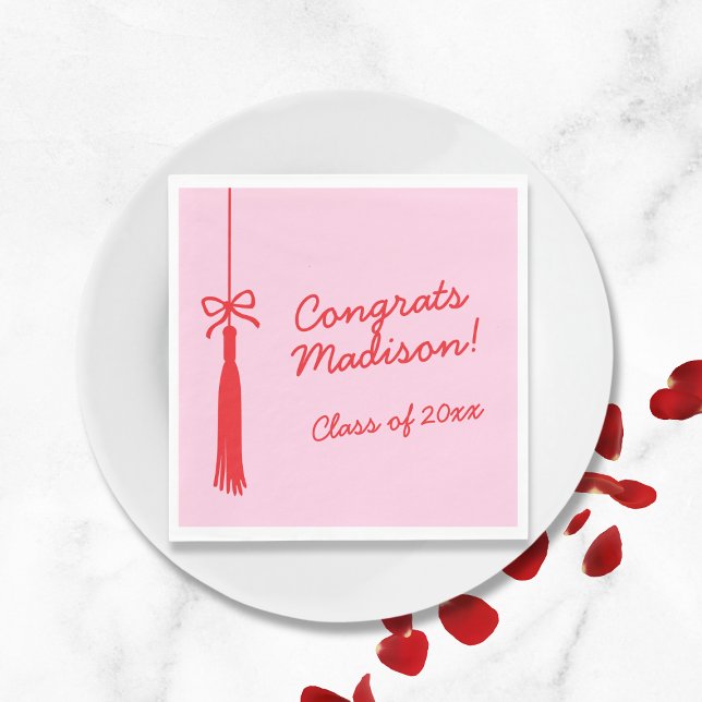 Elegant Bow Grad Tassel Rosa Abschluss 2025 Serviette (Elegant Bow Grad Tassel Pink Red 2025 Graduation Napkins)