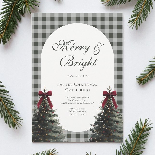 Elegant Bow Green Gingham Family Christmas Party Einladung (Elegant Bow Green Gingham Family Christmas Party Invitation)