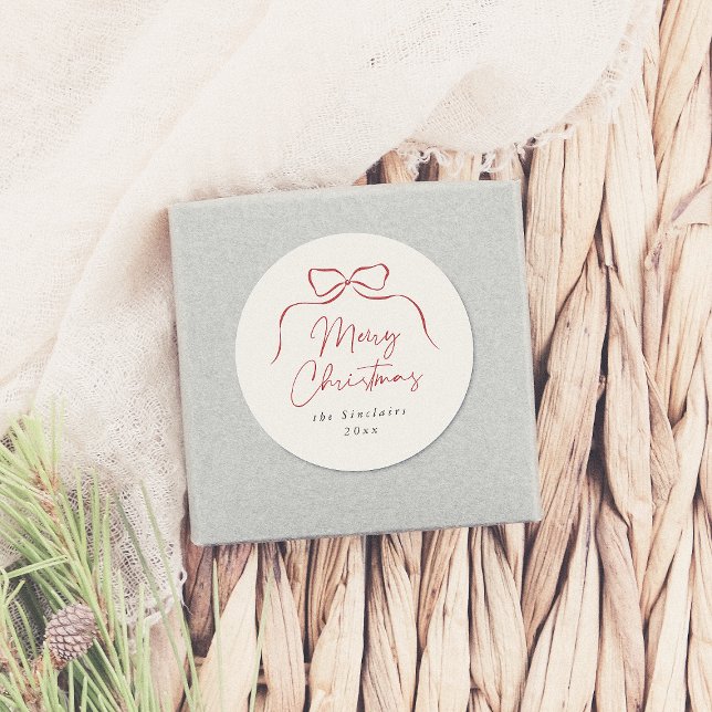 Elegant Bow Merry Christmas Familienname Runder Aufkleber (Von Creator hochgeladen)