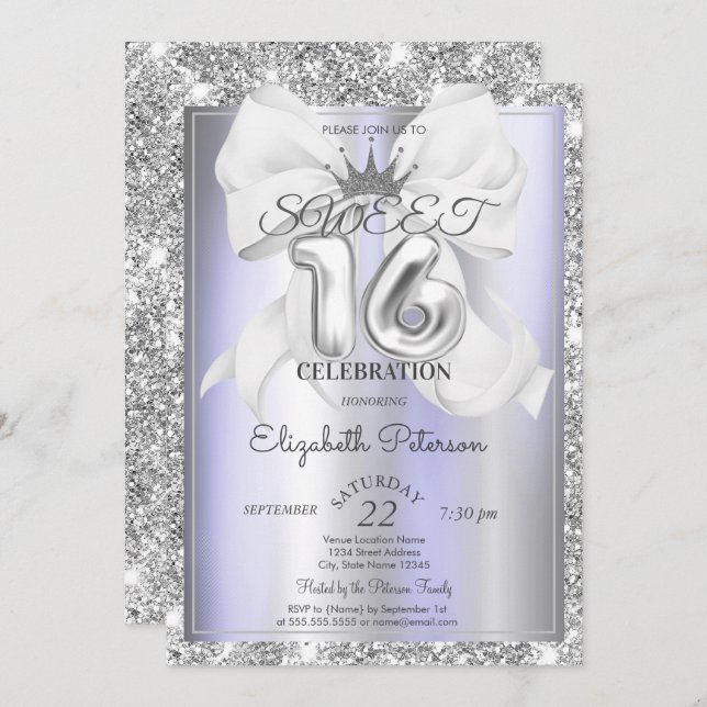 Elegant Bow,Tiara,Violet Silver Glitter Sweet 16  Einladung (Vorne/Hinten)