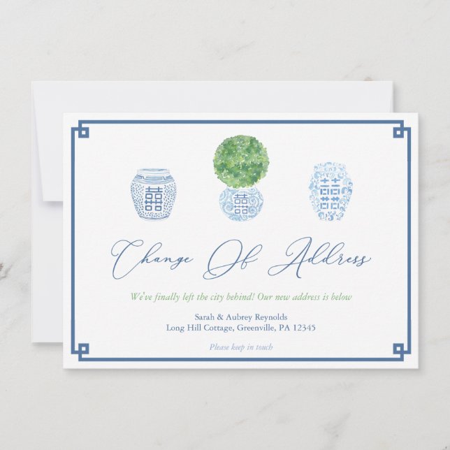 Elegant Boxwood Topiary Ginger Jar neue Adresse Ankündigung (Vorderseite)