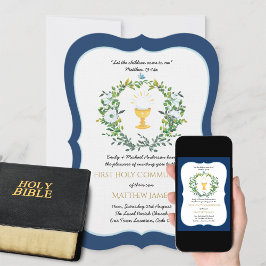 Elegant Boys Navy Floral First Heilige Kommune Einladung