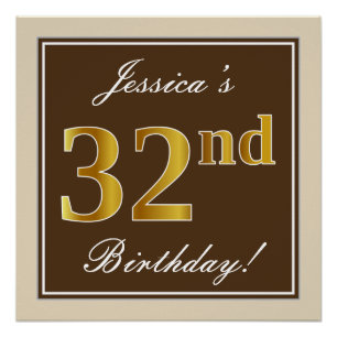 Elegant, Braun, Falsches Gold 32. Geburtstag + Nam Poster