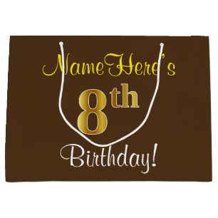 Elegant, Braun, Falsches Gold 8. Geburtstag + Name Große Geschenktüte