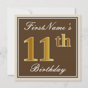 Elegant, braun, Imitate Gold 11. Geburtstag + Name Einladung
