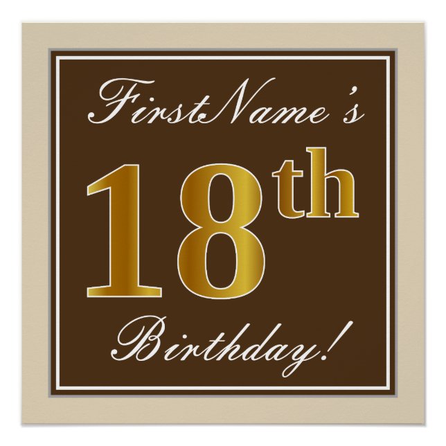 Elegant, braun, Imitate Gold 18. Geburtstag + Name Poster (Vorderseite)