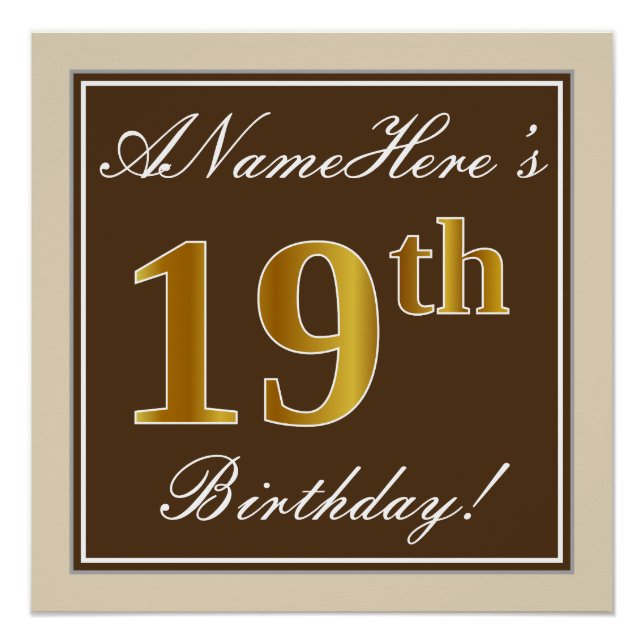 Elegant, braun, Imitate Gold 19. Geburtstag + Name Poster (Vorderseite)