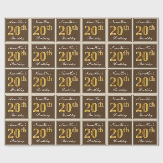 Elegant, braun, Imitate Gold 20. Geburtstag + Name Geschenkpapier (Flach)