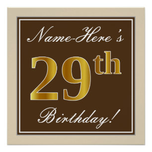 Elegant, braun, Imitate Gold 29. Geburtstag + Name Poster