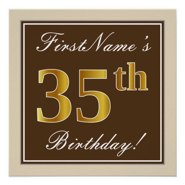 Elegant, braun, Imitate Gold 35. Geburtstag + Name Poster (Vorderseite)