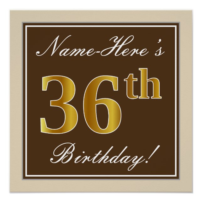 Elegant, braun, Imitate Gold 36. Geburtstag + Name Poster (Vorderseite)