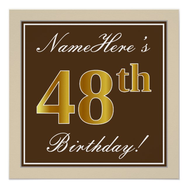 Elegant, braun, Imitate Gold 48. Geburtstag + Name Poster (Vorderseite)
