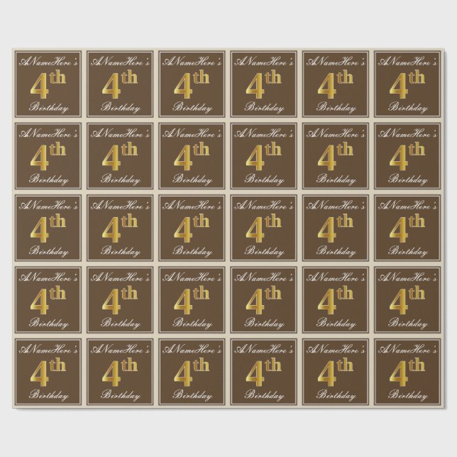 Elegant, braun, Imitate Gold 4. Geburtstag + Name Geschenkpapier (Flach)