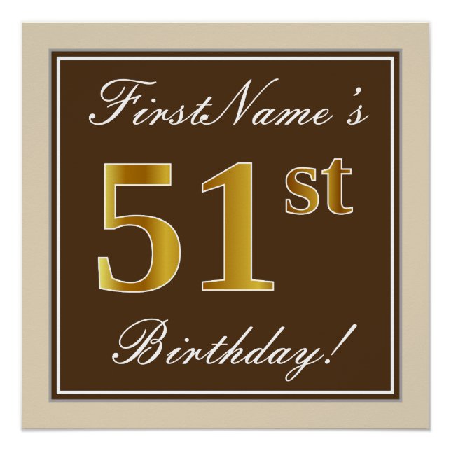 Elegant, braun, Imitate Gold 51. Geburtstag + Name Poster (Vorderseite)