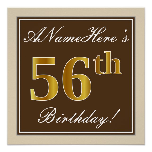 Elegant, braun, Imitate Gold 56. Geburtstag + Name Poster (Vorderseite)