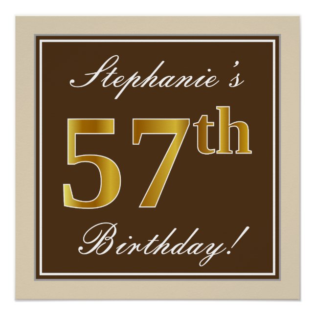 Elegant, braun, Imitate Gold 57. Geburtstag + Name Poster (Vorderseite)