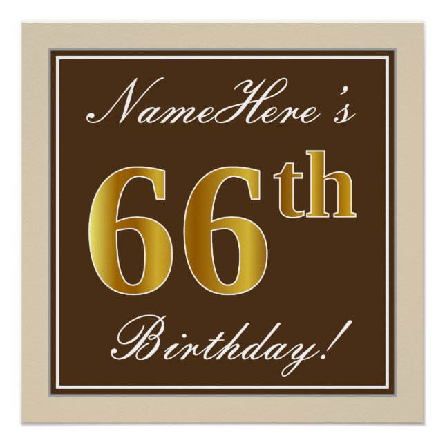 Elegant, braun, Imitate Gold 66. Geburtstag + Name Poster (Vorderseite)