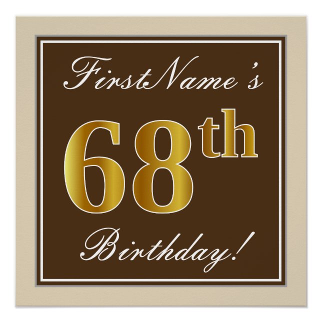 Elegant, braun, Imitate Gold 68. Geburtstag + Name Poster (Vorderseite)