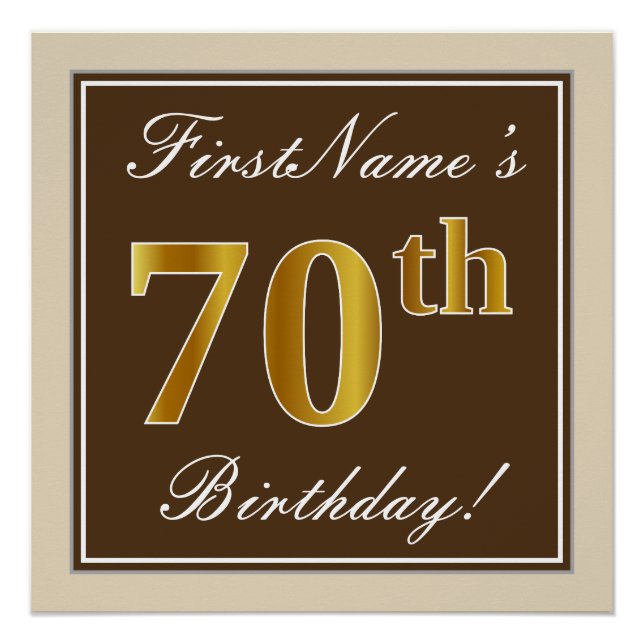 Elegant, braun, Imitate Gold 70. Geburtstag + Name Poster (Vorderseite)