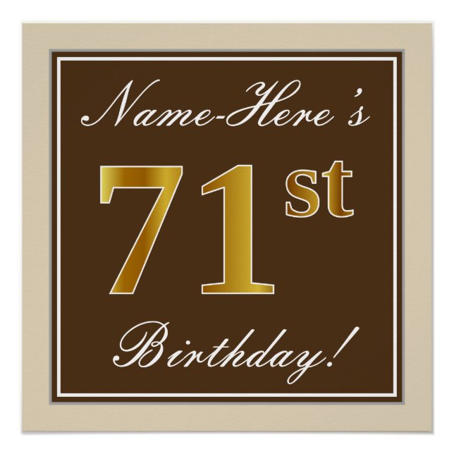 Elegant, braun, Imitate Gold 71. Geburtstag + Name Poster (Vorderseite)