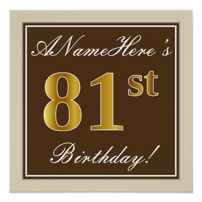 Elegant, braun, Imitate Gold 81. Geburtstag + Name Poster (Vorderseite)