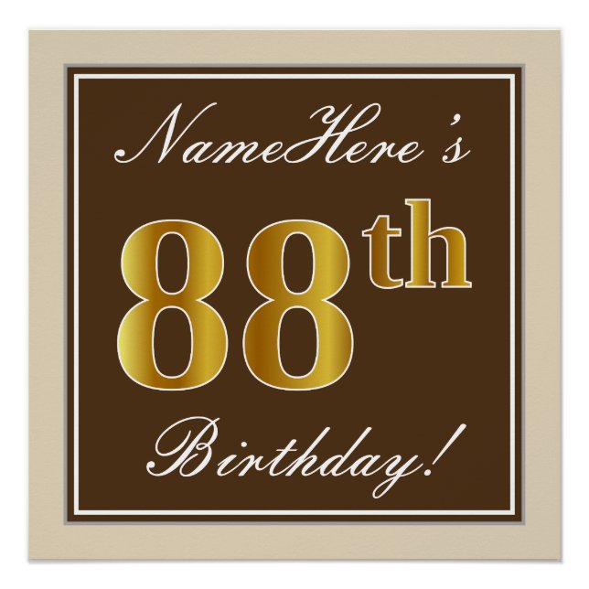 Elegant, braun, Imitate Gold 88. Geburtstag + Name Poster (Vorderseite)