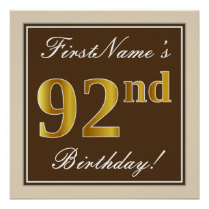 Elegant, braun, Imitate Gold 92. Geburtstag + Name Poster