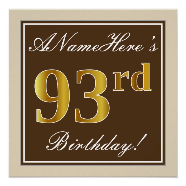 Elegant, braun, Imitate Gold 93. Geburtstag + Name Poster (Vorderseite)