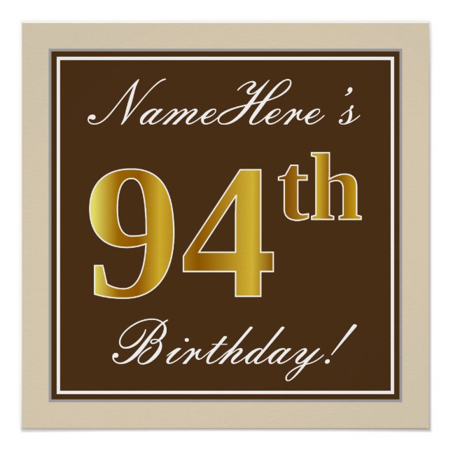 Elegant, braun, Imitate Gold 94. Geburtstag + Name Poster (Vorderseite)