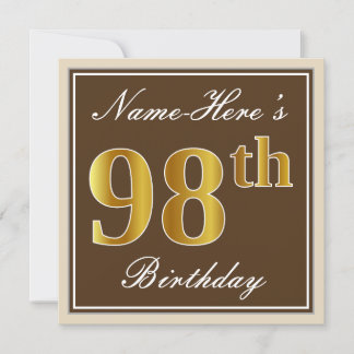 Elegant, braun, Imitate Gold 98. Geburtstag + Name Einladung