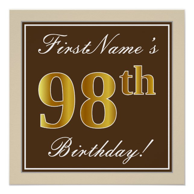 Elegant, braun, Imitate Gold 98. Geburtstag + Name Poster (Vorderseite)