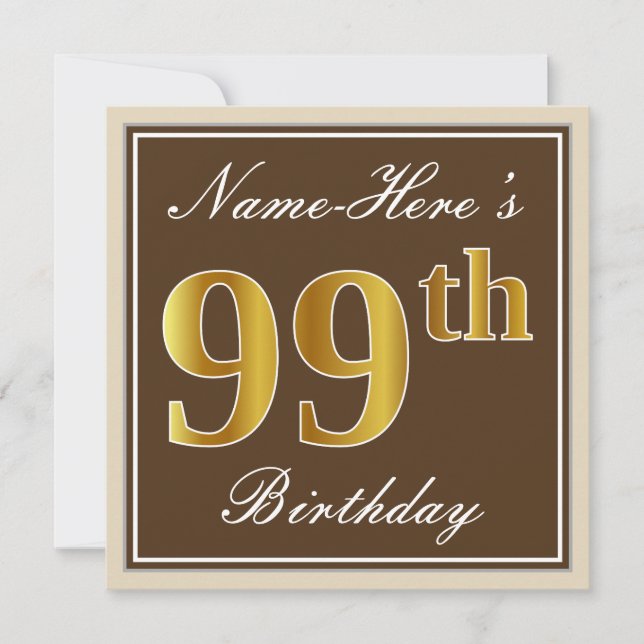 Elegant, braun, Imitate Gold 99. Geburtstag + Name Einladung (Vorderseite)