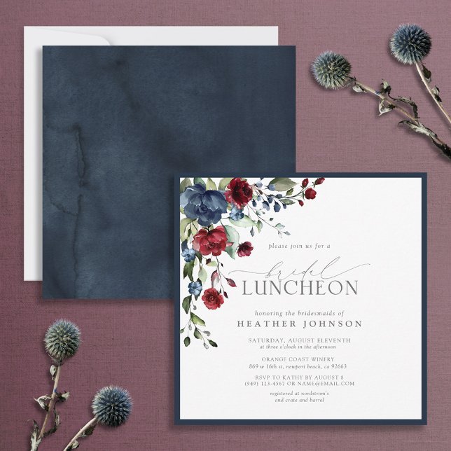 Elegant Bridal Luncheon Floral Navy Blue Burgundy Einladung (Von Creator hochgeladen)