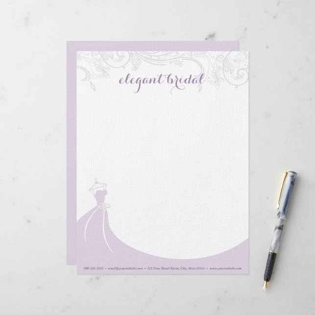 Elegant Bridal Wedding Gown Lila Letterhead Briefbogen (Vorderseite/Rückseite Beispiel)