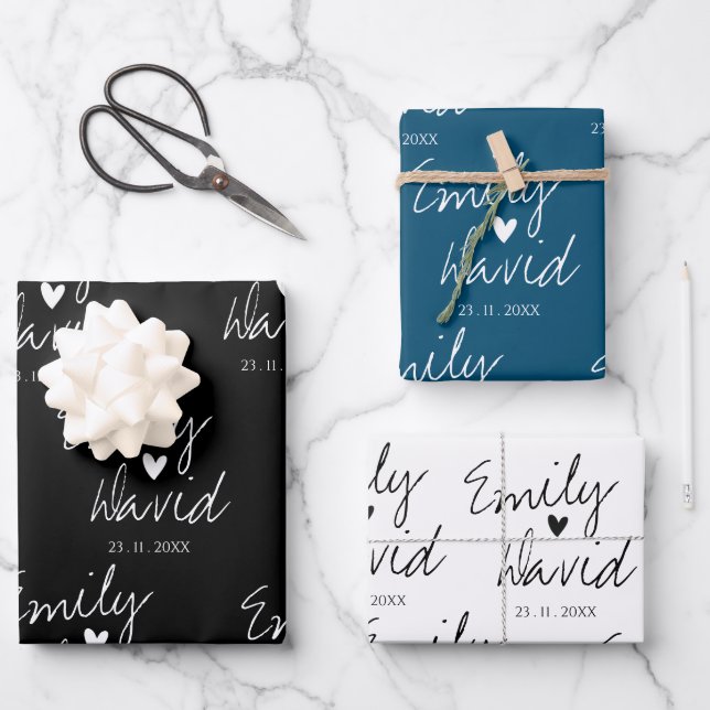 Elegant Bride Groom Names Black Blue White Wedding Geschenkpapier Set (Vorderseite)