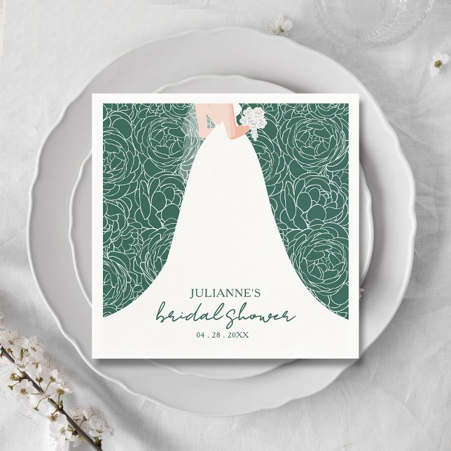 Elegant Bride on Green Brautparty Serviette (Elegant bride in her gown on a background of sketched roses on emerald green bridal shower napkins)