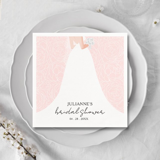 Elegant Bride on Pink Brautparty Serviette (Elegant bride in her gown on a background of sketched roses on pink bridal shower napkins)
