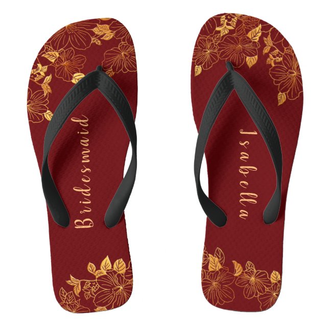 Elegant Bridesmaid Deep Burgundy & Gold Floral Flip Flops (Fußbett)