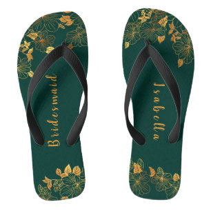 Elegant Bridesmaid Emerald Green & Gold Foliage Flip Flops