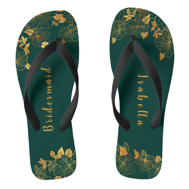 Elegant Bridesmaid Emerald Green & Gold Foliage Flip Flops (Fußbett)