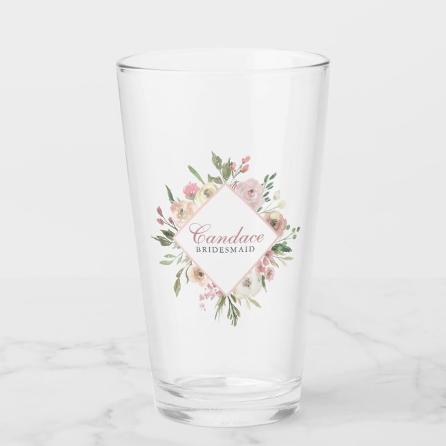 Elegant Bridesmaid Pink Floral Personalisiert Glas (Vorderseite)