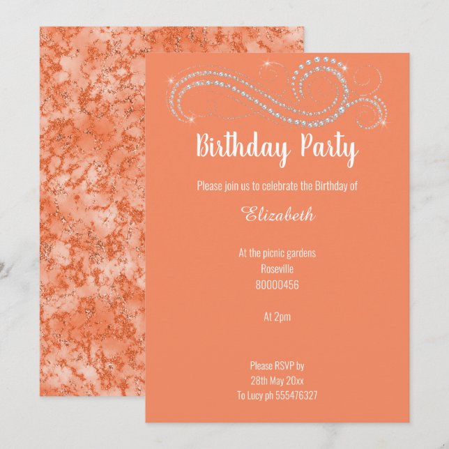 ELEGANT BRIGHT APRICOT DIAMOND BIRTHDAY PARTEI EINLADUNG (Vorne/Hinten)